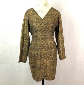 BOOHOO Gold Glitter Faux Wrap Dress (Black + Gold)